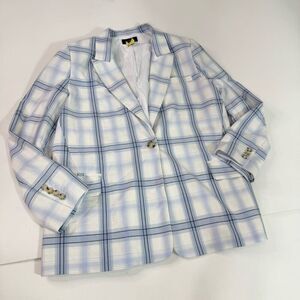 Halogen Blazer Jacket Womens 16 Blue White Single Button Preppy Academia Plaid